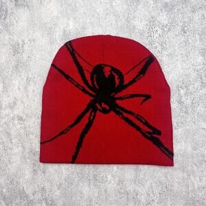 2000s grunge gothic punk red and white spider beanie
